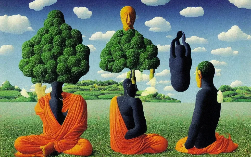 Prompt: hindu god gashi in golden meadow, detailed painting by rene magritte