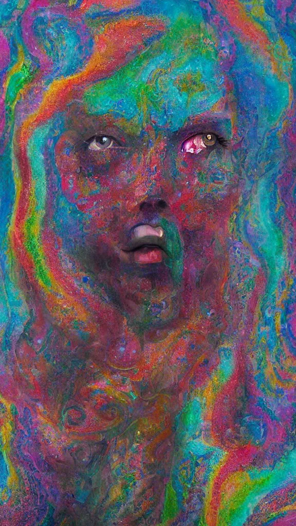 Image similar to hyperrealistic abstract close-up female! portrait Renaissance psychedelic!! celestial happy! pure creature!! peaceful! kind spirit of nature! beautiful fractal!! eyes! highly detailed concept art eric zener elson peter cinematic hard rainbow lighting high angle hd 8k sharp shallow depth of field endless, inspired by Zdzisław Beksiński Salvador Dali