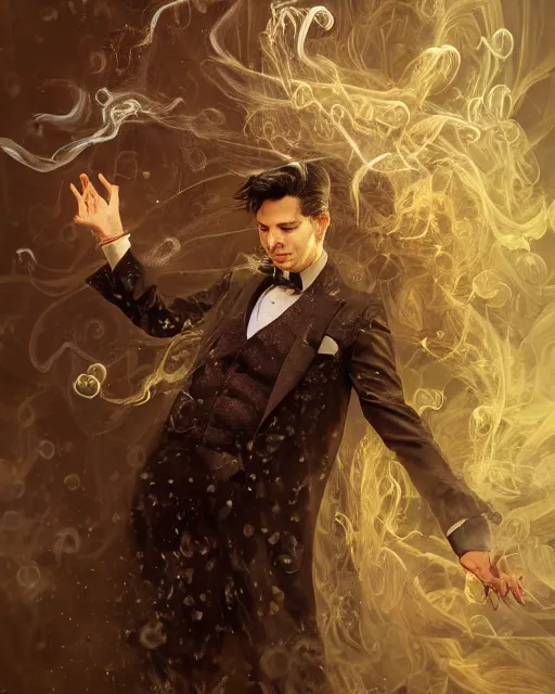 Prompt: a highly detailed portrait of devious male magician radiating a powerful energy aura, ornate back tuxedo, wispy tendrils of smoke, swirling vortex of energy, performance art, intricate, digital painting, old english, raining, sepia, particles floating, whimsical background by marc simonetti, artwork by liam wong