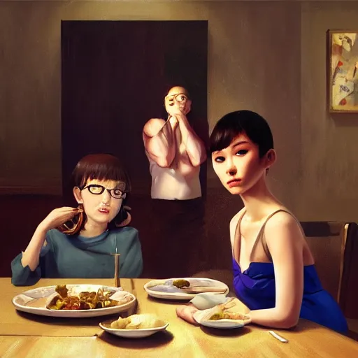 Image similar to a steaming pile of poop on a dinner table, family seated around the table with happy faces, trending on art station, realistic shaded lighting poster by ilya kuvshinov katsuhiro, magali villeneuve, artgerm, jeremy lipkin and michael garmash, rob rey and kentaro miura style