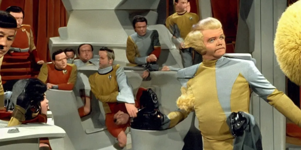 Image similar to a scene from Trouble with Tribbles, an episode of the original Star Trek series