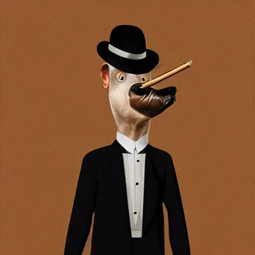 Prompt: a portrait of a platypus wearing a black suit, smoking a cigar, gorgeous, intricate, elegant, volumetric lighting, scenery, high detail digital art, smooth, rene magritte, illustration, concept art