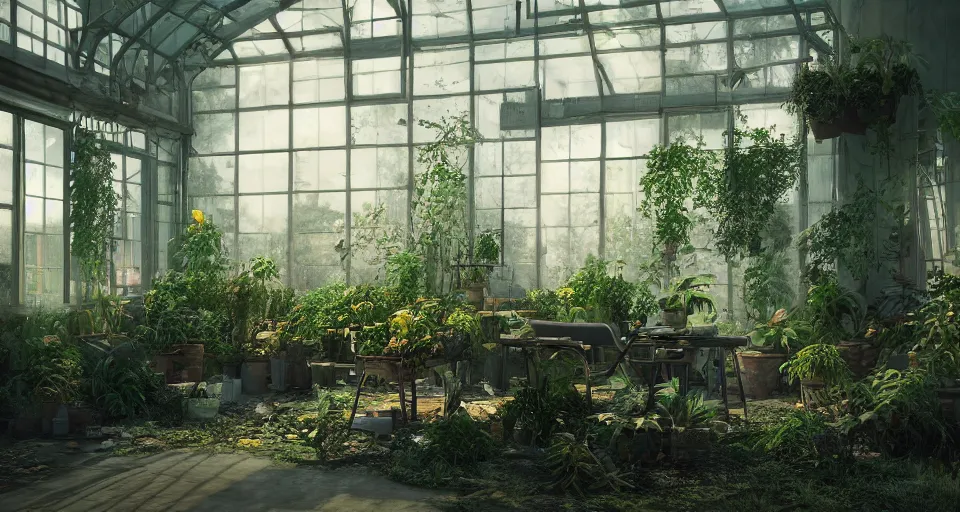 Image similar to night in a broken greenhouse with dead plants, table in the center by Stefan Koidl. octane Render, artstation, wallpaper, volumetric light..