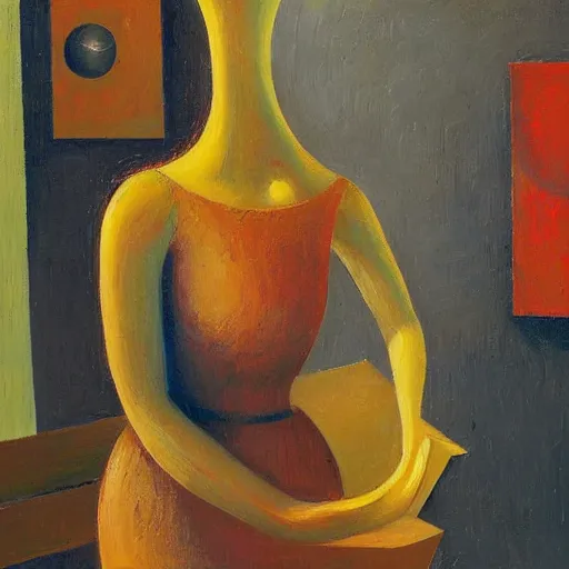 Prompt: an impasto painting by shaun tan of an abstract sculpture by the caretaker and edward hopper