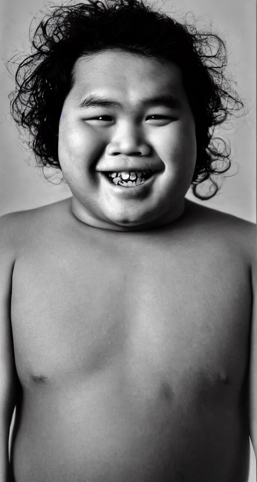 Image similar to photograph of one fat filipino teenage boy smiling with crooked teeth, with a curly perm, and with small studded earings, 4 k, photorealistic, high detail by richard avedon