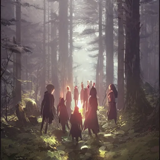 Image similar to group of vampires in the woods, hyperrealistic, trending on pixiv fanbox, painted by greg rutkowski makoto shinkai takashi takeuchi studio ghibli, akihiko yoshida