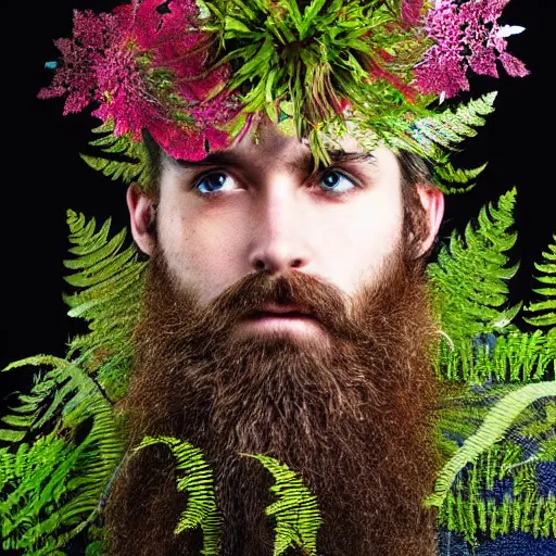 Image similar to a male knight with beard, stern face, clear eyes, shining armour made of steel, and fractal flowery hair in a fractal garden, glowing delicate flower, berries and ferns that grow in a dark fantasy forest, full frame,