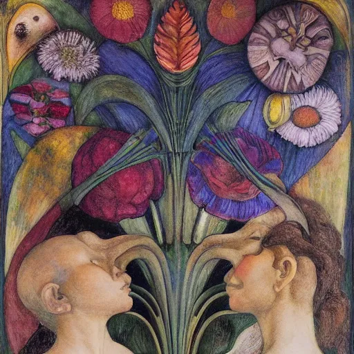 Image similar to closeup of a facemask made of flowers, by annie swynnerton and jean delville and edward hopper and diego rivera and evelyn de morgan and rufino tamayo, dark flower shaman, art brut, outsider art, symbolist, dramatic lighting, god rays, elaborate geometric ornament, clean crisp graphics, smooth sharp focus, extremely detailed, adolf wolfli