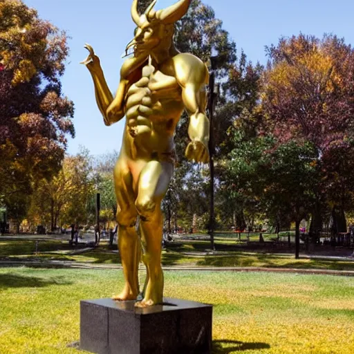 Image similar to male demon, devil golden monument stands in a park