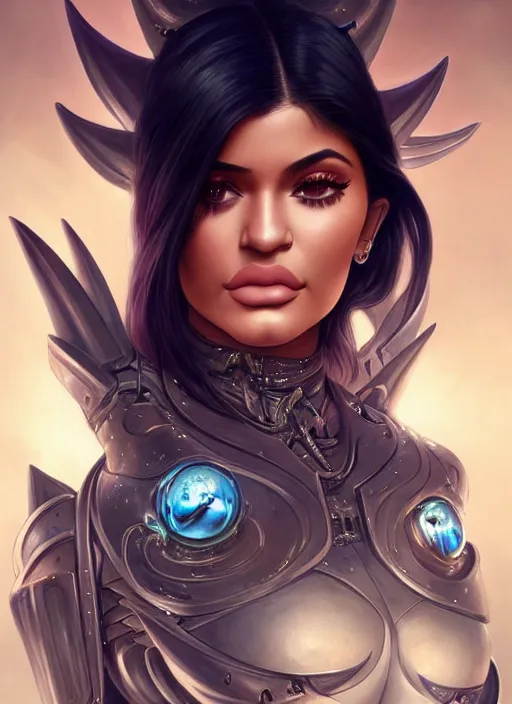 Image similar to kylie jenner as a dragon - cyborg, deep focus, fantasy, intricate, elegant, highly detailed, digital painting, artstation, concept art, matte, sharp focus, illustration, hearthstone, art by artgerm and greg rutkowski and alphonse mucha