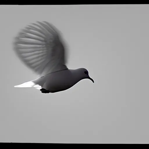 Prompt: a realistic photo of a dove flying in a completely black room, 8k, film grain, highly detailed