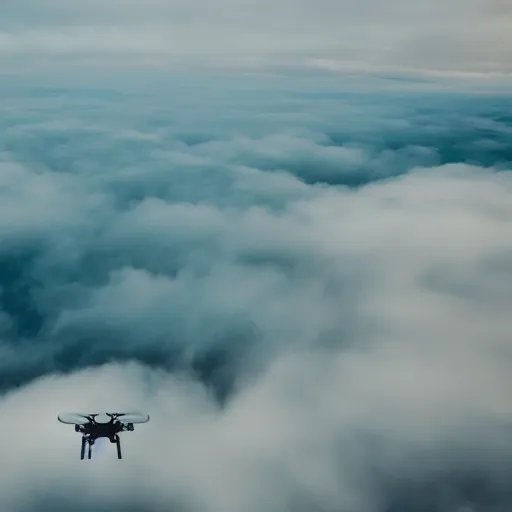 Prompt: cinematic areal shot of three drones flying through the clouds