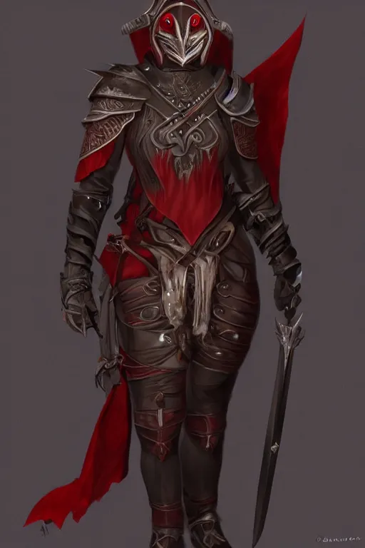 Image similar to female adventurer in tight full - body ebony leather armor of dunmer design with dark red cloth underneath and with a red porcelain crow mask, trending in artstation, establishing shot