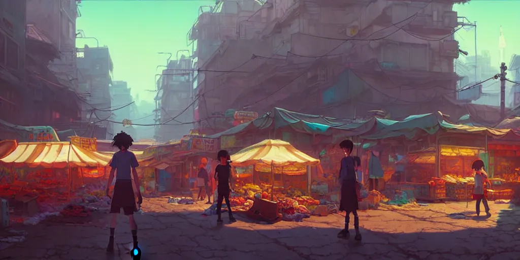 Prompt: a wholesome animation key shot of a post apocalyptic 8 0's street market by studio ghibli, animation, sharp, rendered in unreal engine 5, focused, anime key art by greg rutkowski, bloom, dramatic lighting