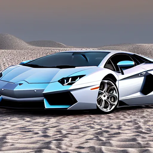 Image similar to A beautiful silver Lamborghini aventador on the beach, 8k, ray tracing