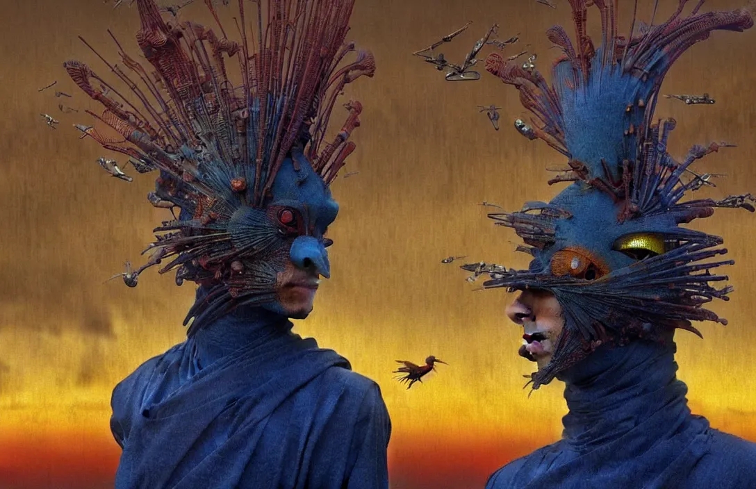 Image similar to realistic detailed portrait movie shot of a birdman wearing dark ragged robes, futuristic city sunset landscape background by denis villeneuve, amano, yves tanguy, alphonse mucha, ernst haeckel, max ernst, roger dean, rich moody colours, bird head, blue eyes