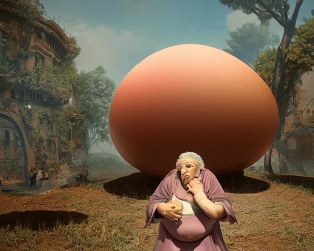 Image similar to םכ a very beautiful scene. processing block environment. a sweet fat old woman peeking from a huge, colorful and beautiful egg. hyper realistic. 4 k. wide angle. in the baroque style. wild. symmetrical face, red mouth, blue eyes. deep focus, lovely scene. processing block environment. concept art. unreal engine.