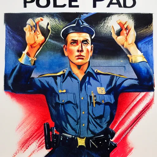 Prompt: photorealistic picture, by bob peak and alex ross, police recruitment poster, gouache and wash paints, fine details, fine intricate, fine facial proportionate, fine body proportionate, fine fix broken line, fine fix duplicate line, smooth focus, sharp details, bokeh, 4 k, fine 5 k details