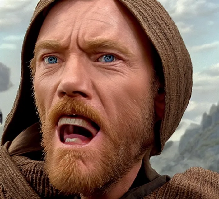 Image similar to still image of obi - wan kenobi making a funny face, ewan mcgregor, live - action, star wars movie, cinematic