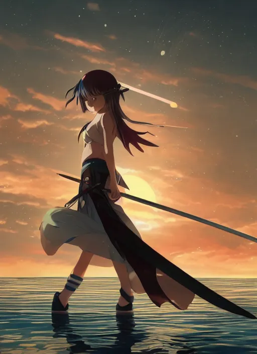 Image similar to anime girl with a katana walking on water, ripples, backdrop of dawn, saturn in the background, illustration, concept art, anime, key visual, trending pixiv fanbox by wlop and greg rutkowski and makoto shinkai and studio ghibli