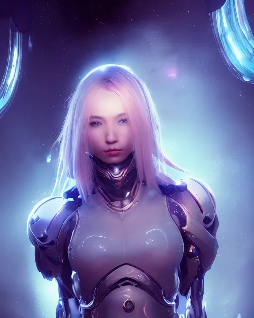 Image similar to perfect android girl on a mothership, warframe armor, beautiful face, scifi, futuristic, galaxy, nebula, raytracing, dreamy, long white hair, blue cyborg eyes, sharp focus, cinematic lighting, highly detailed, artstation, divine, by gauthier leblanc, kazuya takahashi, huifeng huang