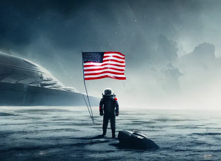 Image similar to astronaut holding a flag in an underwater desert. a submarine is visible in the distance. dark, concept art, cinematic, dramatic, atmospheric, 8 k, trending on artstation, blue, fish, low visibility, fog, ocean floor, christopher nolan, interstellar