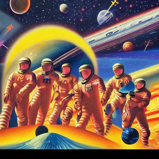 Image similar to rough texture, tempera, starburst background, astronauts and space colonies, utopian, by david a. hardy, wpa, public works mural, socialist, propaganda