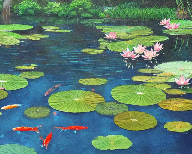 Image similar to koi pond, lotus flowers, dark blue water, green lily pads, goldfish, a fantasy digital painting by makoto shinkai and James Gurney, trending on artstation,