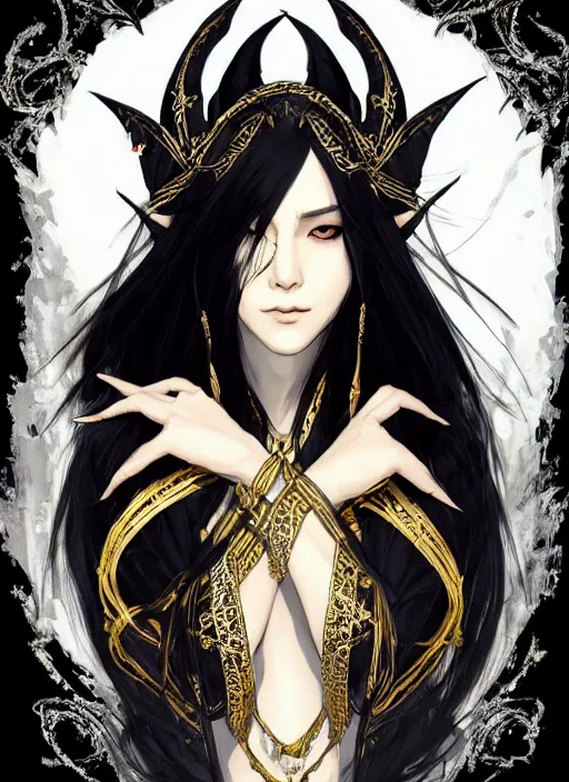 Image similar to Half body portrait of a beautiful elven healer with long straight black hair wearing ornate white and gold attire. In style of Yoji Shinkawa and Hyung-tae Kim, trending on ArtStation, dark fantasy, great composition, concept art, highly detailed, dynamic pose.