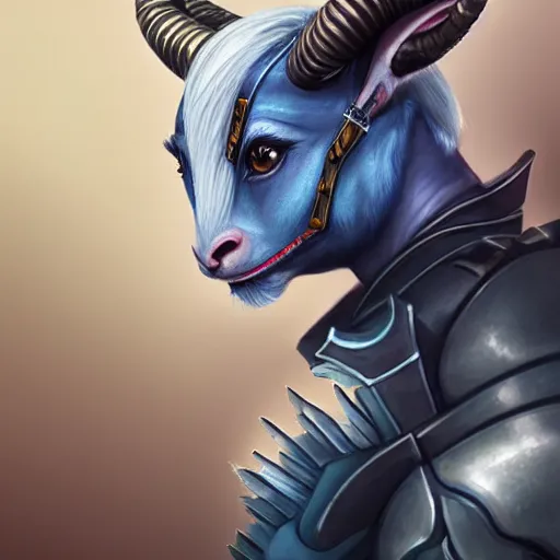 Image similar to illustrated realistic portrait female ram-horned kobold with asymmetric short haircut blue hair with dark eyes wearing strap leather armor by rossdraws