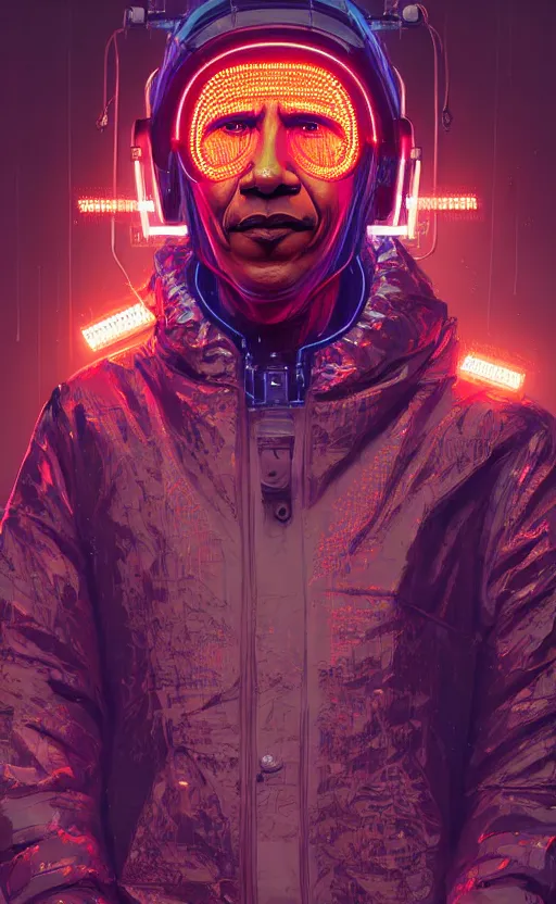 Prompt: detailed portrait obama, cyberpunk futuristic neon, reflective puffy coat, decorated with traditional japanese ornaments by ismail inceoglu dragan bibin hans thoma greg rutkowski alexandros pyromallis nekro rene maritte illustrated, perfect face, fine details, realistic shaded, fine - face, pretty face