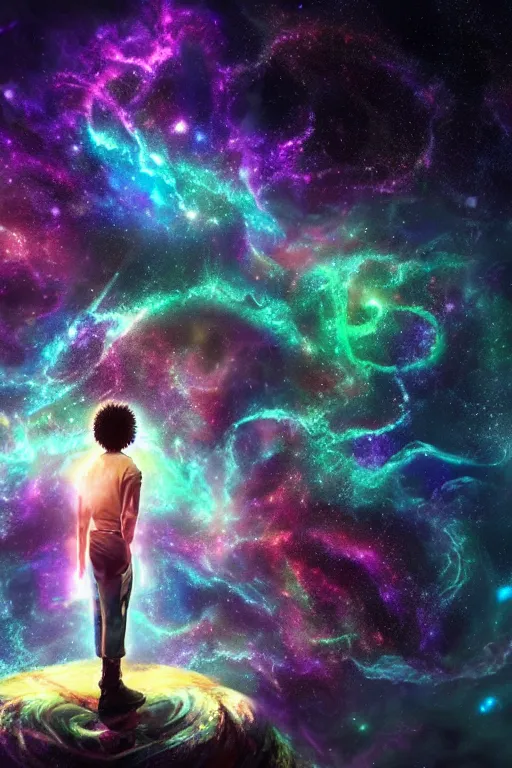 Image similar to galaxy bender experiencing the quantum field, elevated consciousness, beautiful astrological neural network, bob ross matte painting and tim burton comic book art, realistic, trending on artstation, sharp focus, depth of field, cinematic composition, physics splashes of colors, unreal engine magic galaxy tree, octane render