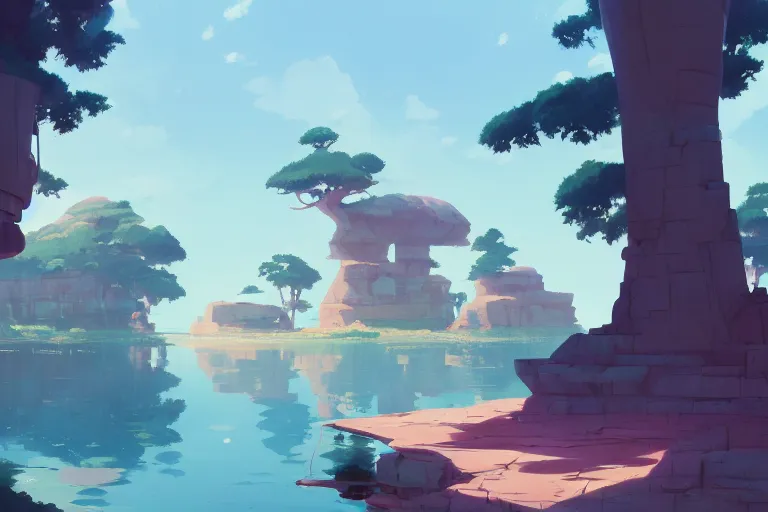 Image similar to two lakes near ancient sandstone ruins, cory loftis, james gilleard, atey ghailan, makoto shinkai, goro fujita, studio ghibli, rim light, exquisite lighting, clear focus, very coherent, plain background, soft painting