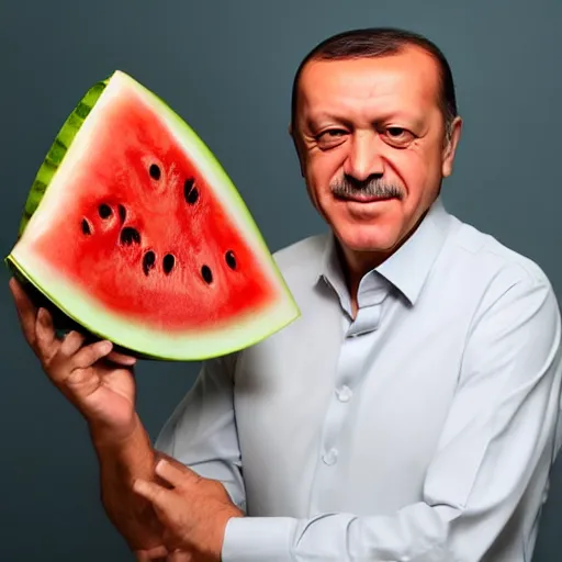 Image similar to recep tayyip erdogan smiling holding watermelon, studio photograph, hd, studio