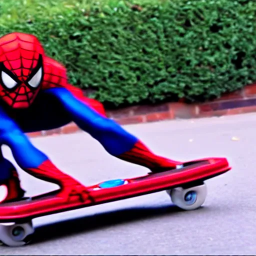 Image similar to spiderman falls off a hoverboard