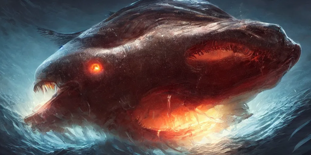 Image similar to giant colossal anglerfish from the depths, concept art, digital illustration, trending on artstation, deviantart, artgerm, epic composition, masterpiece, highly detailed, advanced technique, ambient lighting, wlop, ross draws