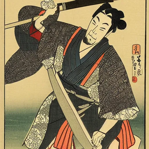 Prompt: Japanese woodblock print of geralt of rivia holding a samurai sword , cherry blossom, Hokusai