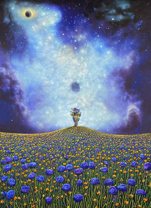 Image similar to detailed, intricate blue black and purple papaverum flower on the field, nebula, galaxy in the sky, winning award masterpiece, fantastically beautiful, illustration, aestheticly inspired, jacek yerka, upscale with anguissola sofonisba work, artstation, 8 k