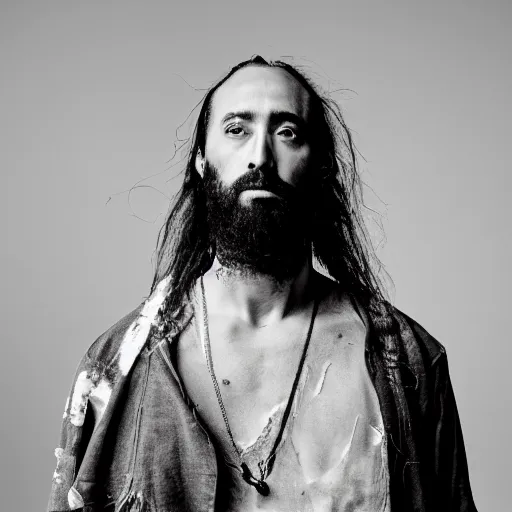 Image similar to a studio photoshoot lookbook portrait of jesus wearing virgil abloh and jerry lorenzo streetwear by nicola samori, fear of god style