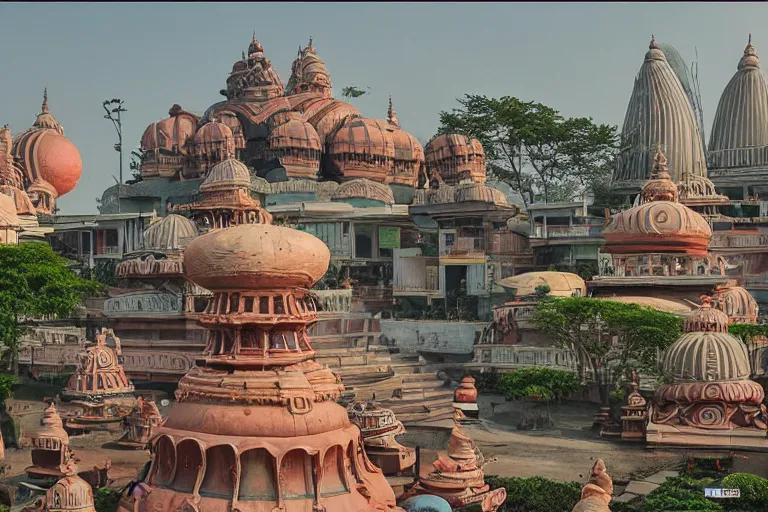 Image similar to high quality dreamscape! biomorphic new delhi, hanuman!! head building, kalighat, octane highly detailed, cinematic smooth, stephen shore & john j. park, soft morning light, wide shot, high angle, uhd 8 k, deep focus