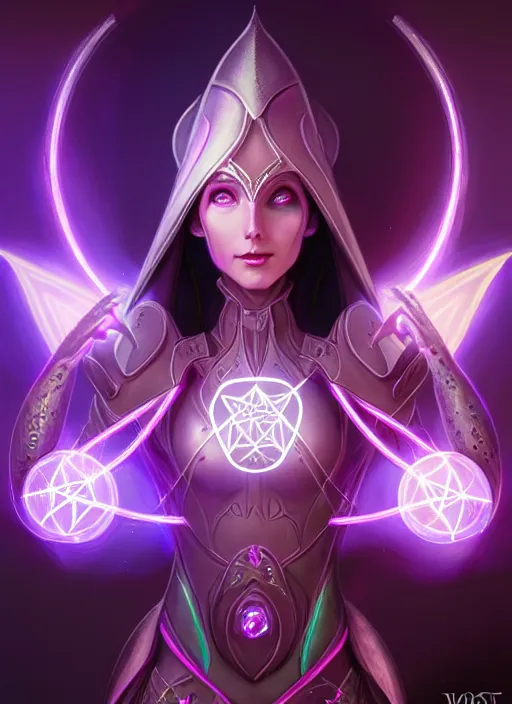 Prompt: portrait of an elf, eldar, aeldari, lady voidstar in full futuristic close fitting armor, glowing diagram of a pentagram and a star, intricate, elegant, purple, glowing lights, highly detailed, digital painting, artstation, concept art, smooth, sharp focus, illustration, art by wlop, mars ravelo and greg rutkowski