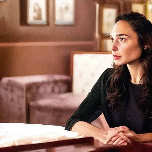 Image similar to still of gal gadot as female tony soprano in remake of the sopranos, in a meeting at the bada bing!,