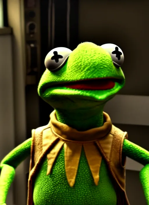 Image similar to kermit the frog in fallout 4, wearing power armor, hq screen shot, octane render, cinematic lighting, sharp detail, 5 k