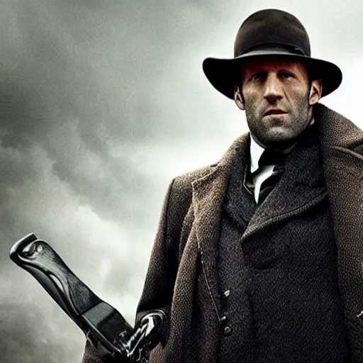 Image similar to cinematic still, jason statham as sherlock holmes!!!!!!