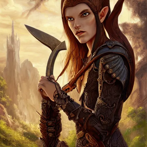 Prompt: Androgynous wood elf, leather tunic, bone nose ring, holding bone dagger. Exterior city scene, middle ages, evening sunlight. Professional oil painting, high fantasy, detailed, 8k