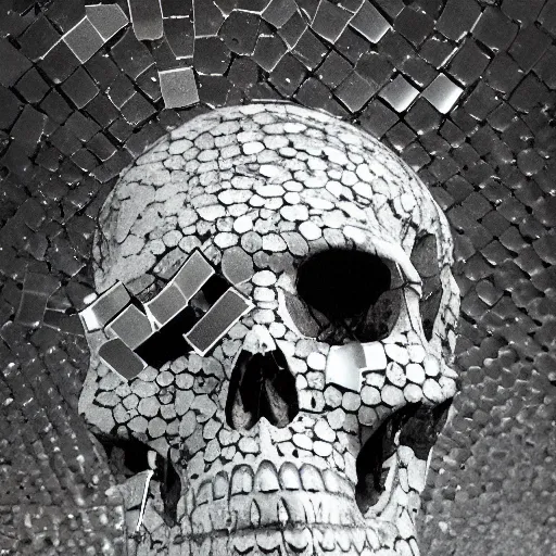 Image similar to a skull made out of broken mirrors, reflecting light in a nightclub, grainy film still