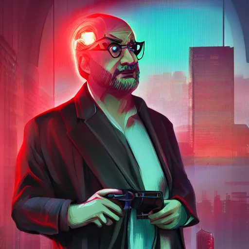 Image similar to cyberpunk salman rushdie as the leader of a futuristic communist nation, cybernetics, sharp lines, digital, artstation, colored in