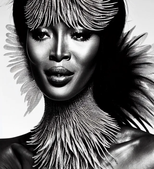 Image similar to photography face profil portrait of naomi campbell, natural pose, natural lighing, rim lighting, no flash, wearing a ornate transparent and metallic costume with feathers and cloth convolutions by iris van herpen, highly detailed, smooth, sharp foccus, kin grain detail, high detail, photography by by paolo roversi, creativity in fashion design