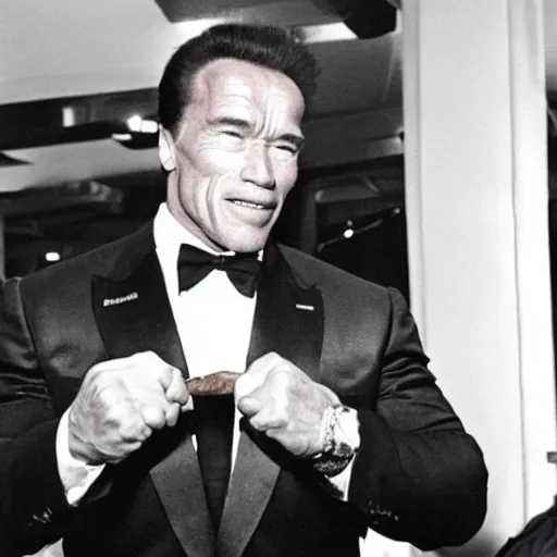 Prompt: Arnold Schwarzenegger smokes a big fat cigar after winning the Mister Olympia