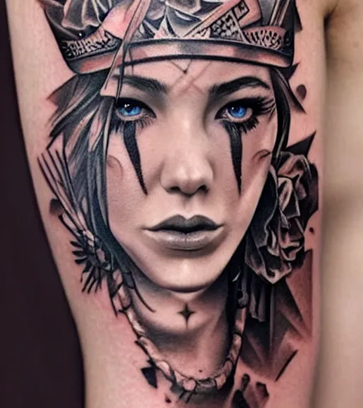 Image similar to tattoo design on white background of a beautiful girl warrior, roses, hyper realistic, realism tattoo, by eliot kohek, beautiful eyes, realistic face, black and white